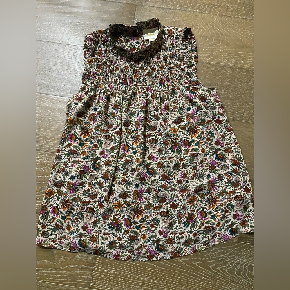 New Anthropologie Maeve Smocked Mock Neck Fall Floral Green Orange Swing Top 8